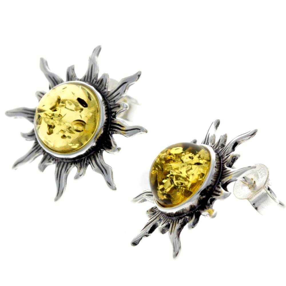 925 Sterling Silver & Baltic Amber Sun Stud Earrings 8222