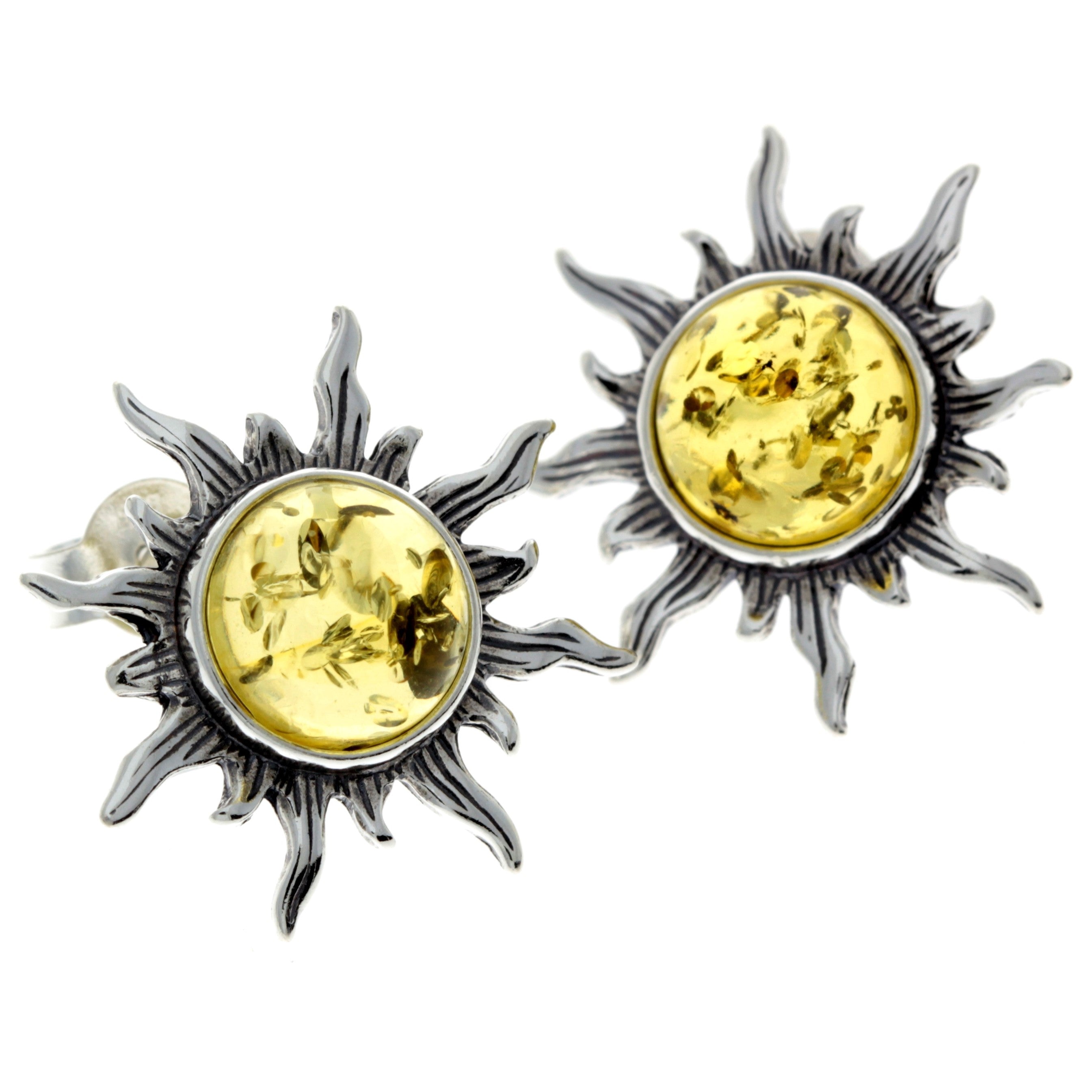 925 Sterling Silver & Baltic Amber Sun Stud Earrings 8222