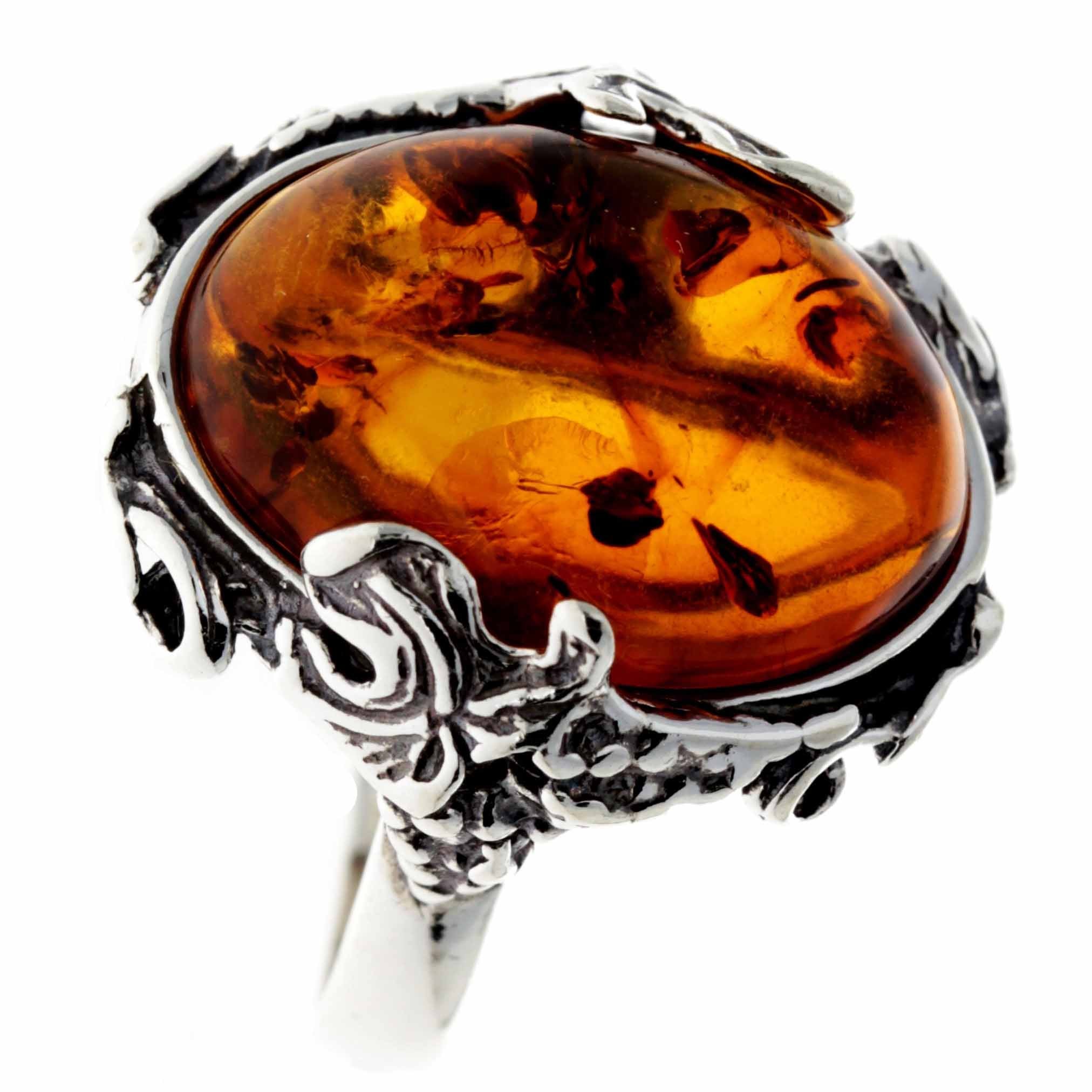 925 Sterling Silver & Baltic Amber Large Art Deco Oval Ring - 7006