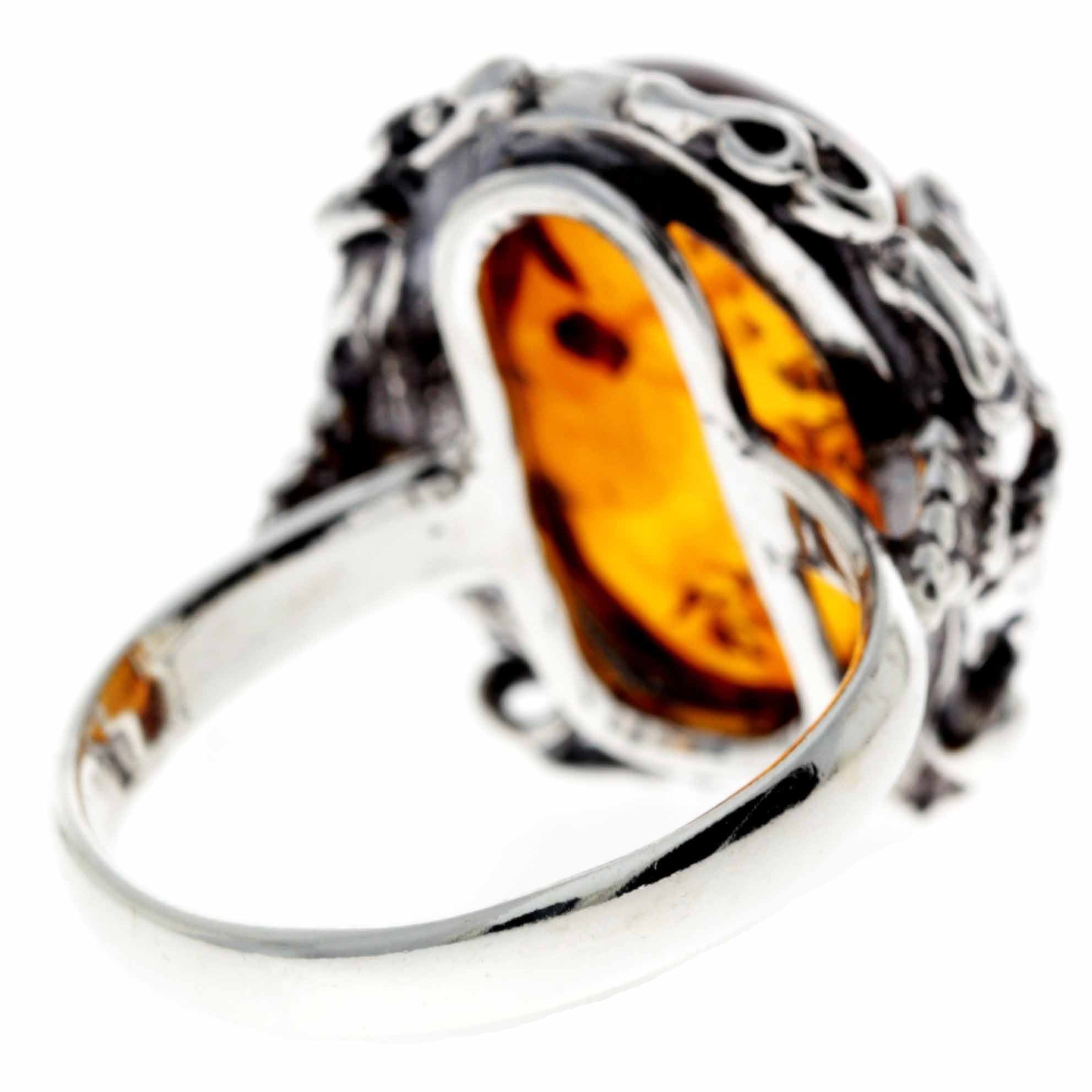 925 Sterling Silver & Baltic Amber Large Art Deco Oval Ring - 7006