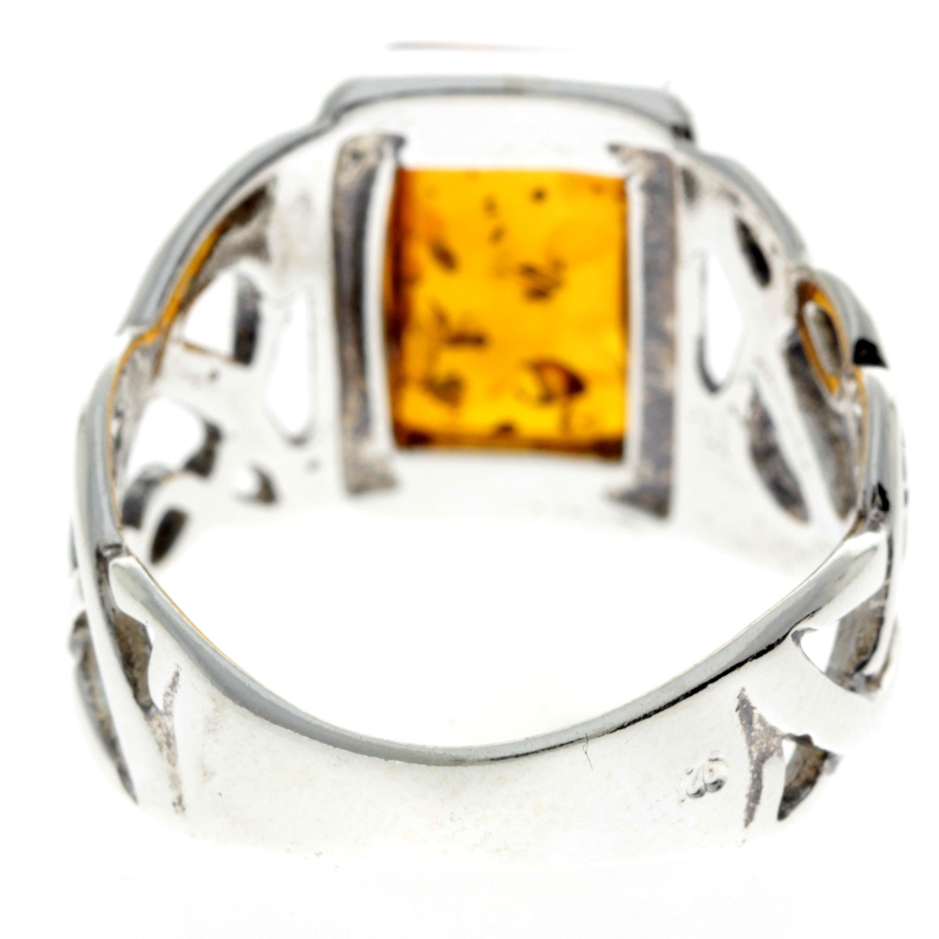925 Sterling Silver & Rectangular Baltic Amber Celtic Large Ring - 7005