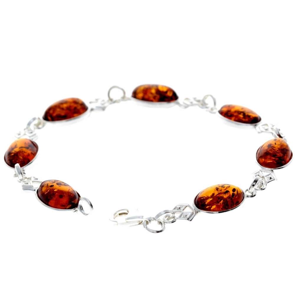 925 Sterling Silver & Genuine Baltic Amber Link Bracelet - 3233