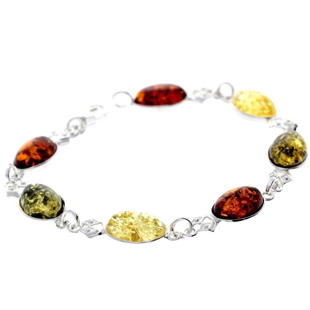 925 Sterling Silver & Genuine Baltic Amber Link Bracelet - 3233