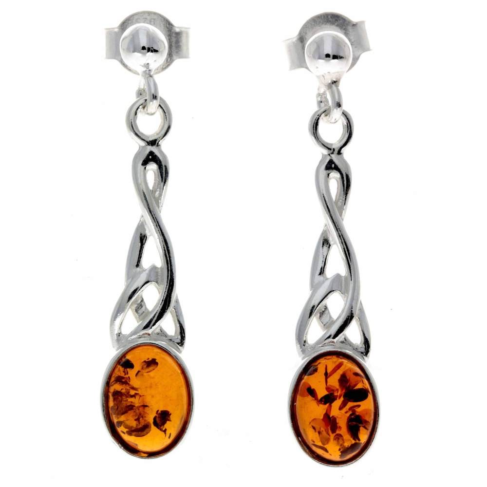 925 Sterling Silver & Baltic Amber Celtic Drop Earrings - 8007