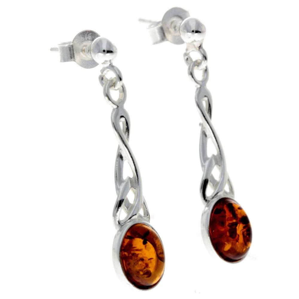 925 Sterling Silver & Baltic Amber Celtic Drop Earrings - 8007