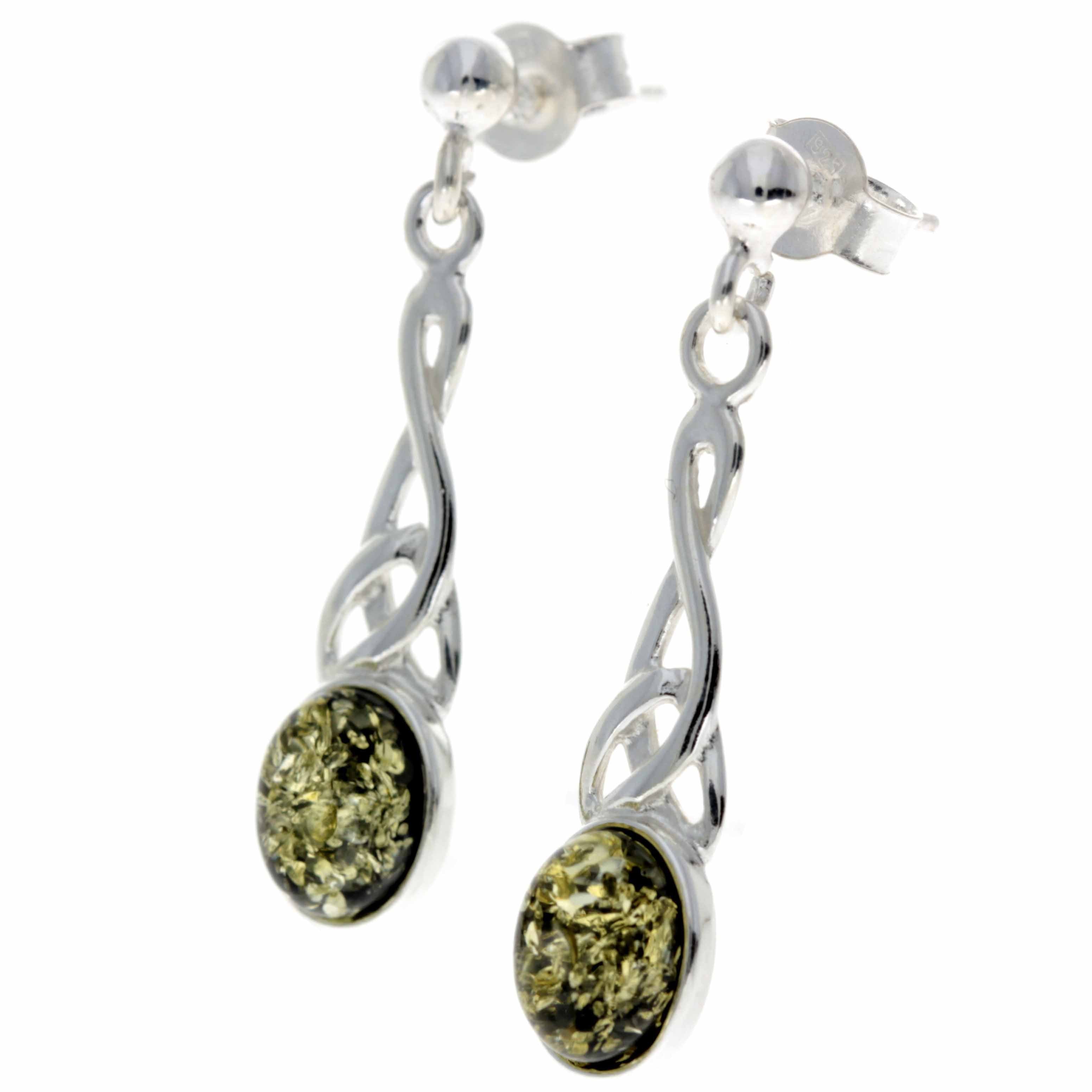 925 Sterling Silver & Baltic Amber Celtic Drop Earrings - 8007