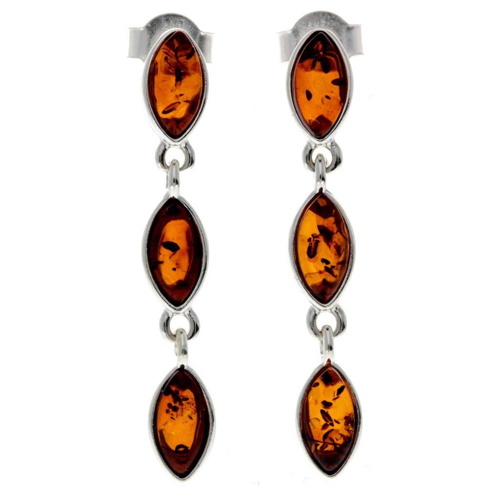 925 Sterling Silver & Baltic Amber 3 Stone Drop Earrings - 8162