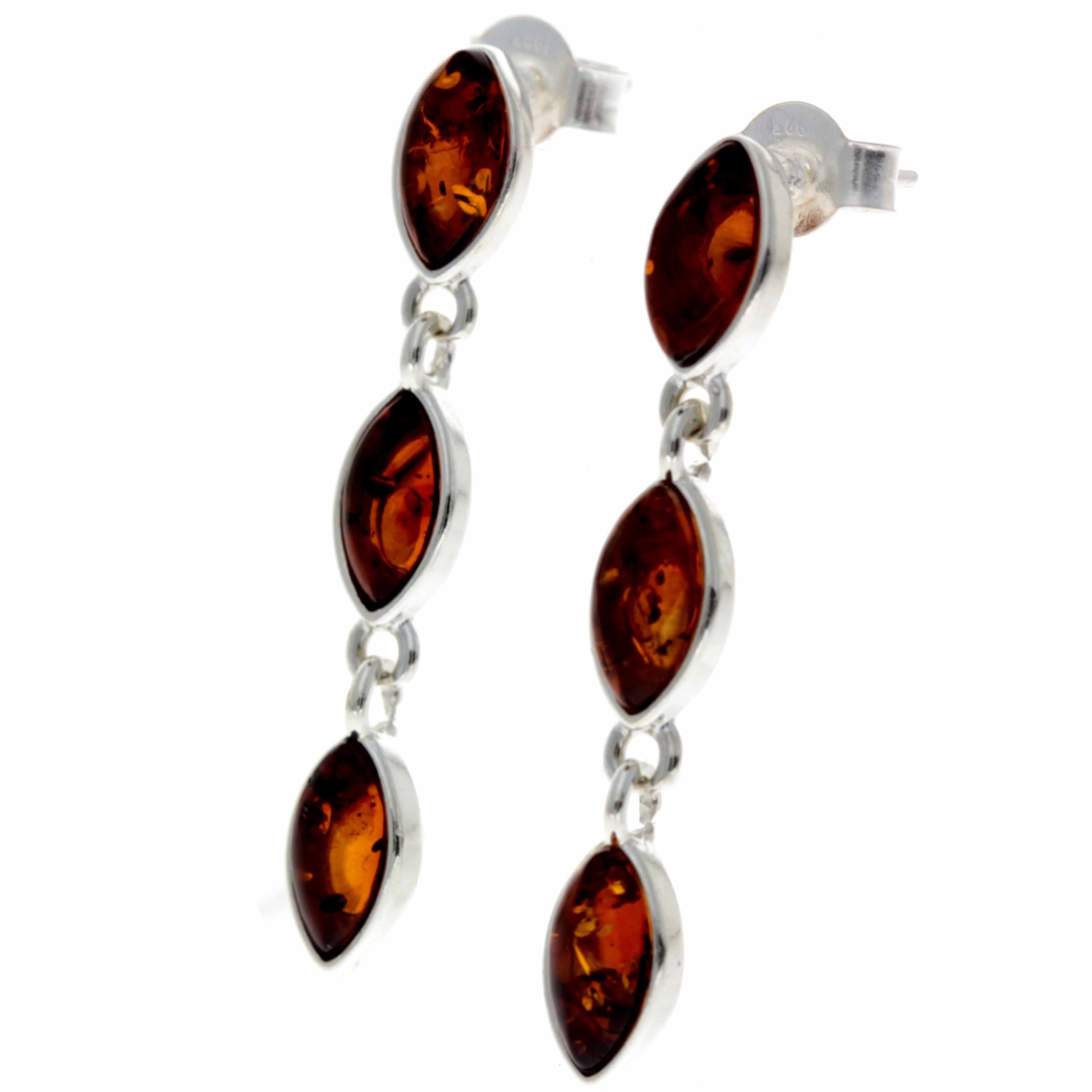 925 Sterling Silver & Baltic Amber 3 Stone Drop Earrings - 8162