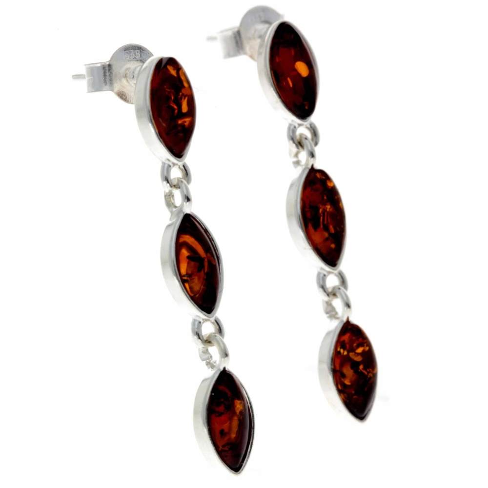 925 Sterling Silver & Baltic Amber 3 Stone Drop Earrings - 8162