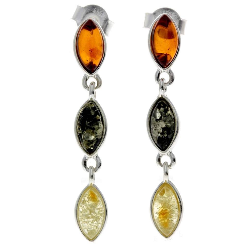 925 Sterling Silver & Baltic Amber 3 Stone Drop Earrings - 8162