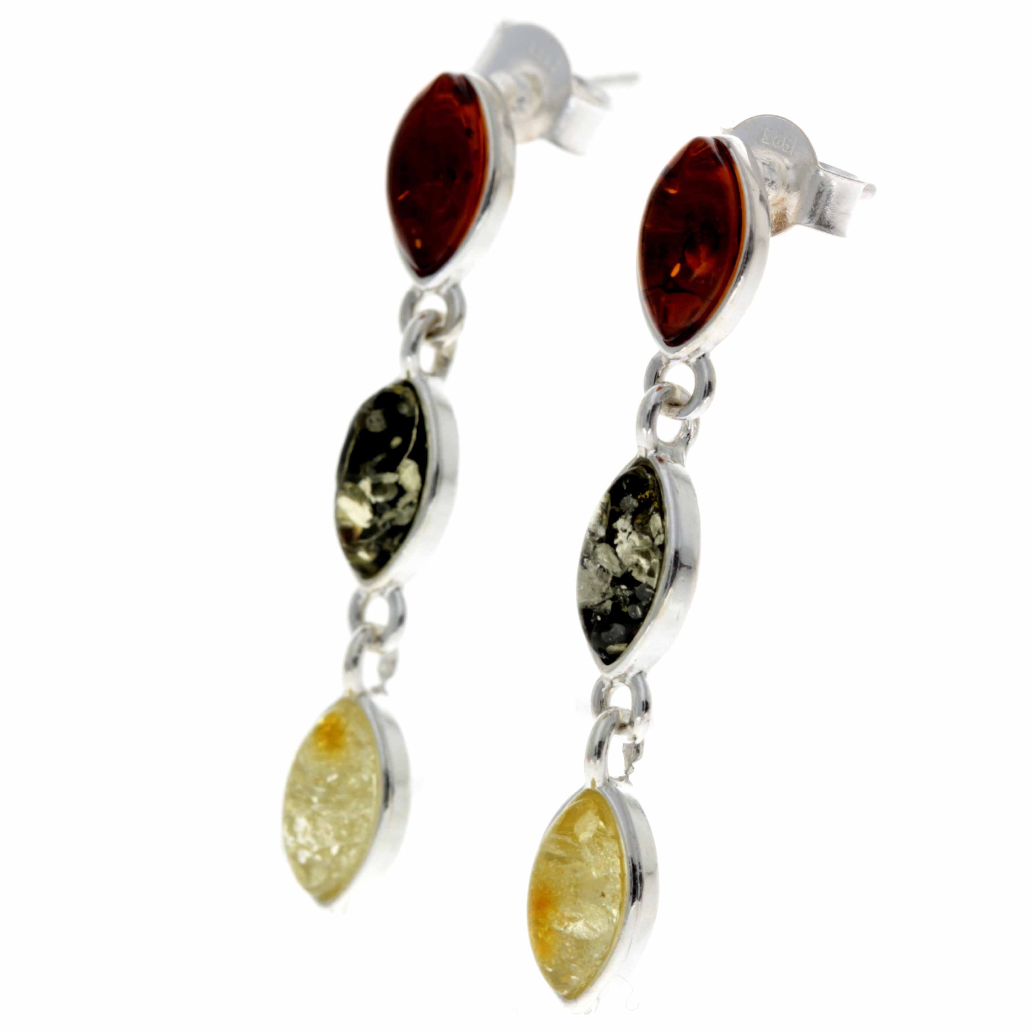 925 Sterling Silver & Baltic Amber 3 Stone Drop Earrings - 8162