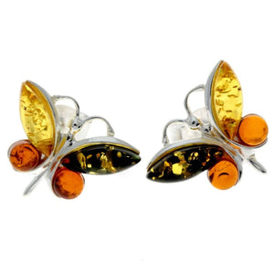 925 Sterling Silver & Baltic Amber Butterfly Studs Earrings - 8494