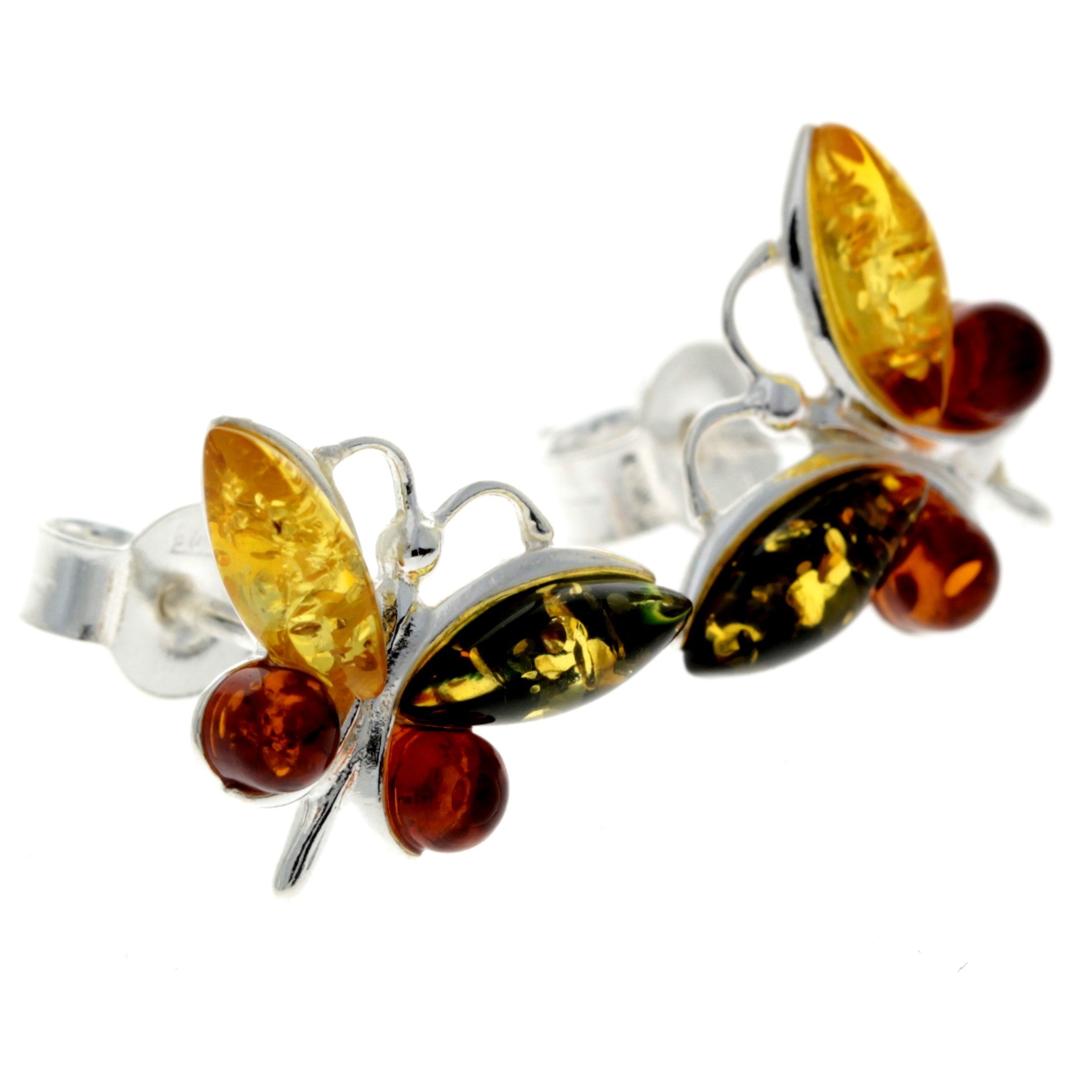 925 Sterling Silver & Baltic Amber Butterfly Studs Earrings - 8494