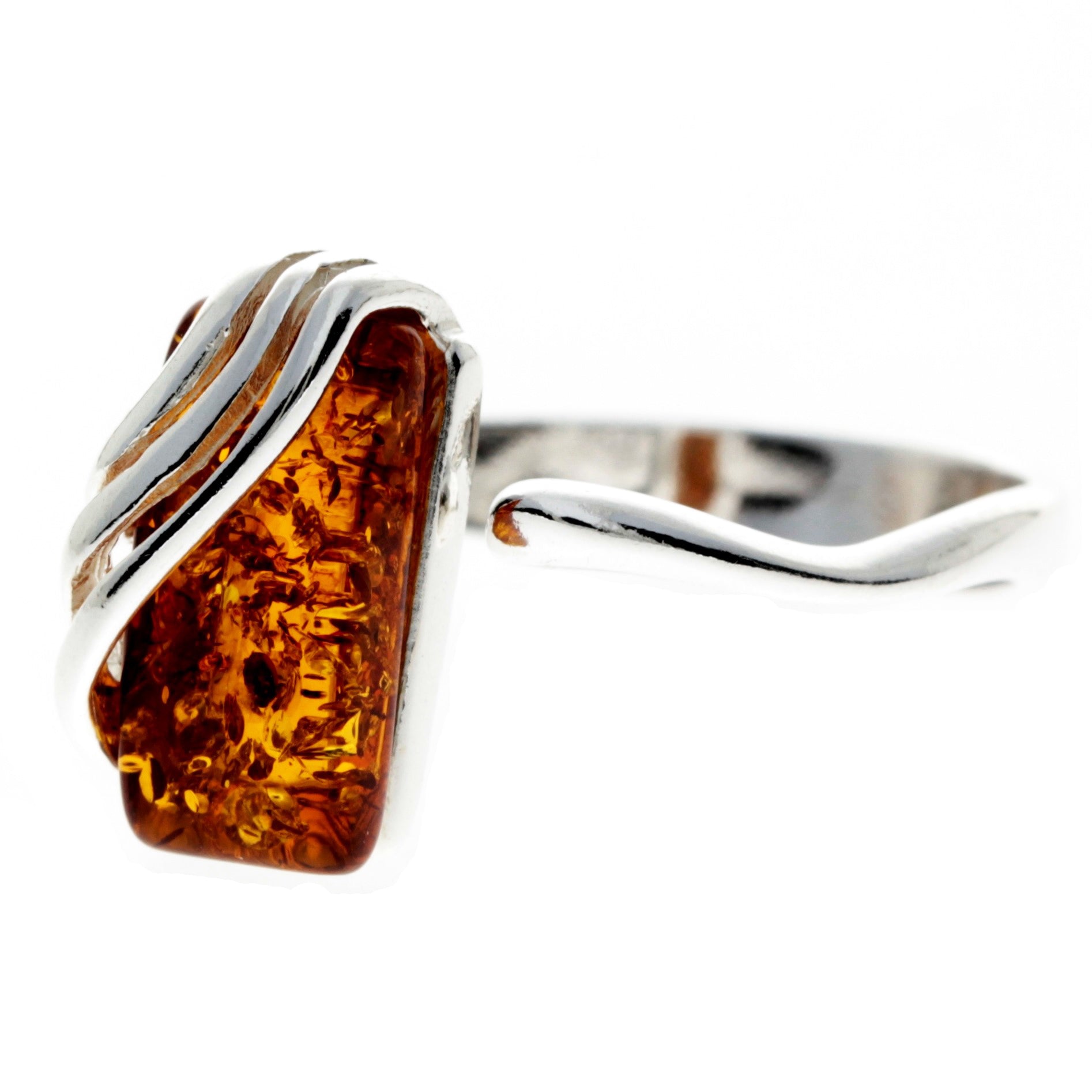 925 Sterling Silver & Genuine Baltic Amber Rectangular Modern Adjustable Ring - GL418A