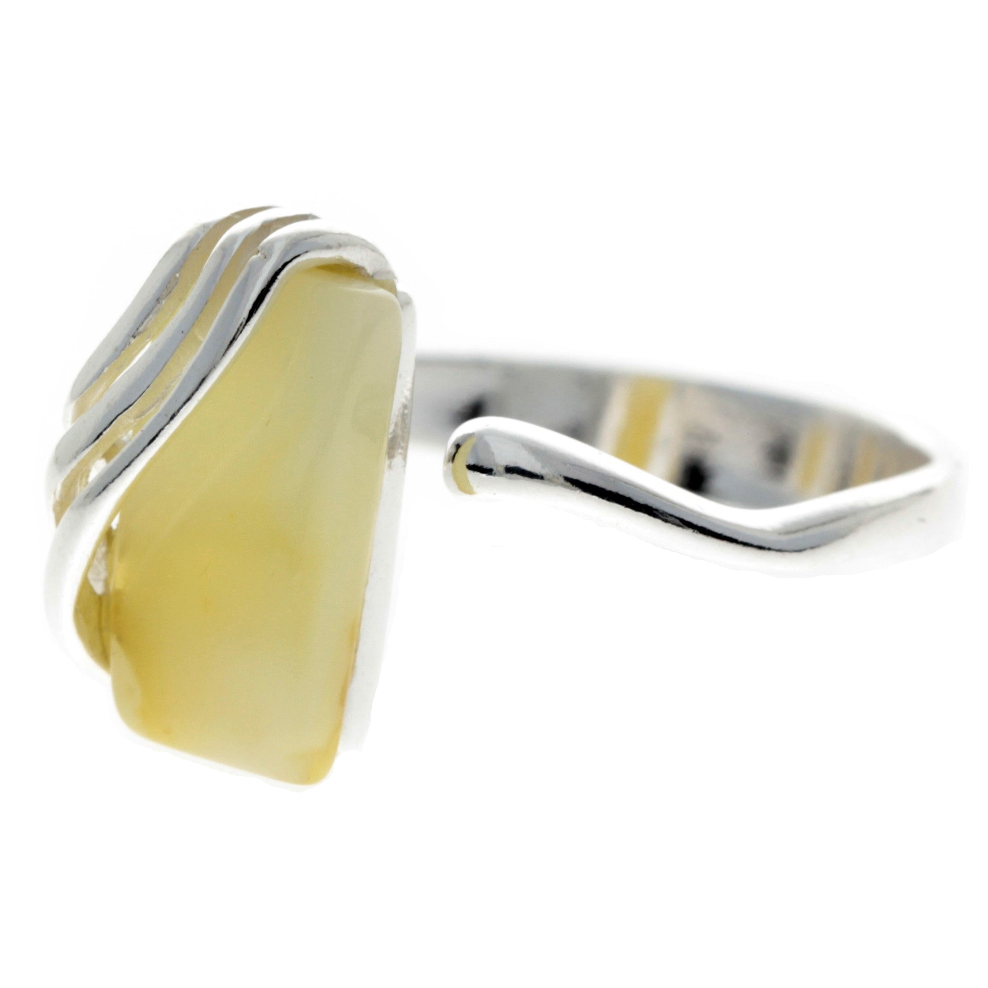 925 Sterling Silver & Genuine Baltic Amber Rectangular Modern Adjustable Ring - GL418A