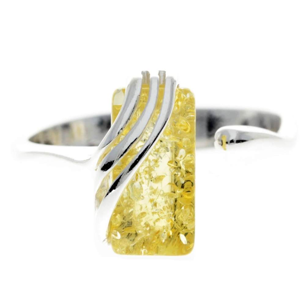 925 Sterling Silver & Genuine Baltic Amber Rectangular Modern Adjustable Ring - GL418A