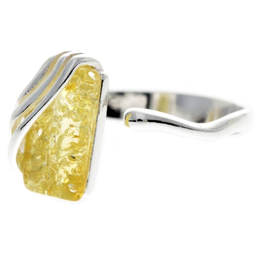 925 Sterling Silver & Genuine Baltic Amber Rectangular Modern Adjustable Ring - GL418A