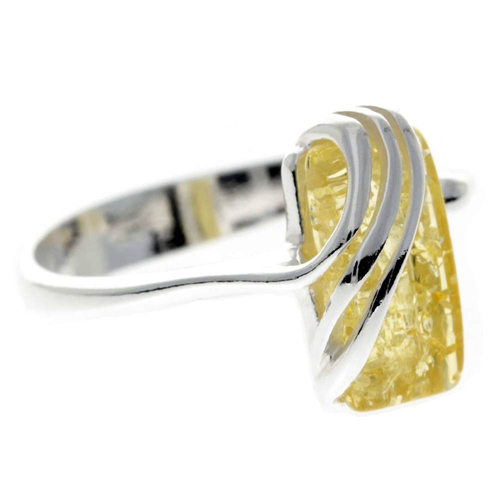 925 Sterling Silver & Genuine Baltic Amber Rectangular Modern Adjustable Ring - GL418A