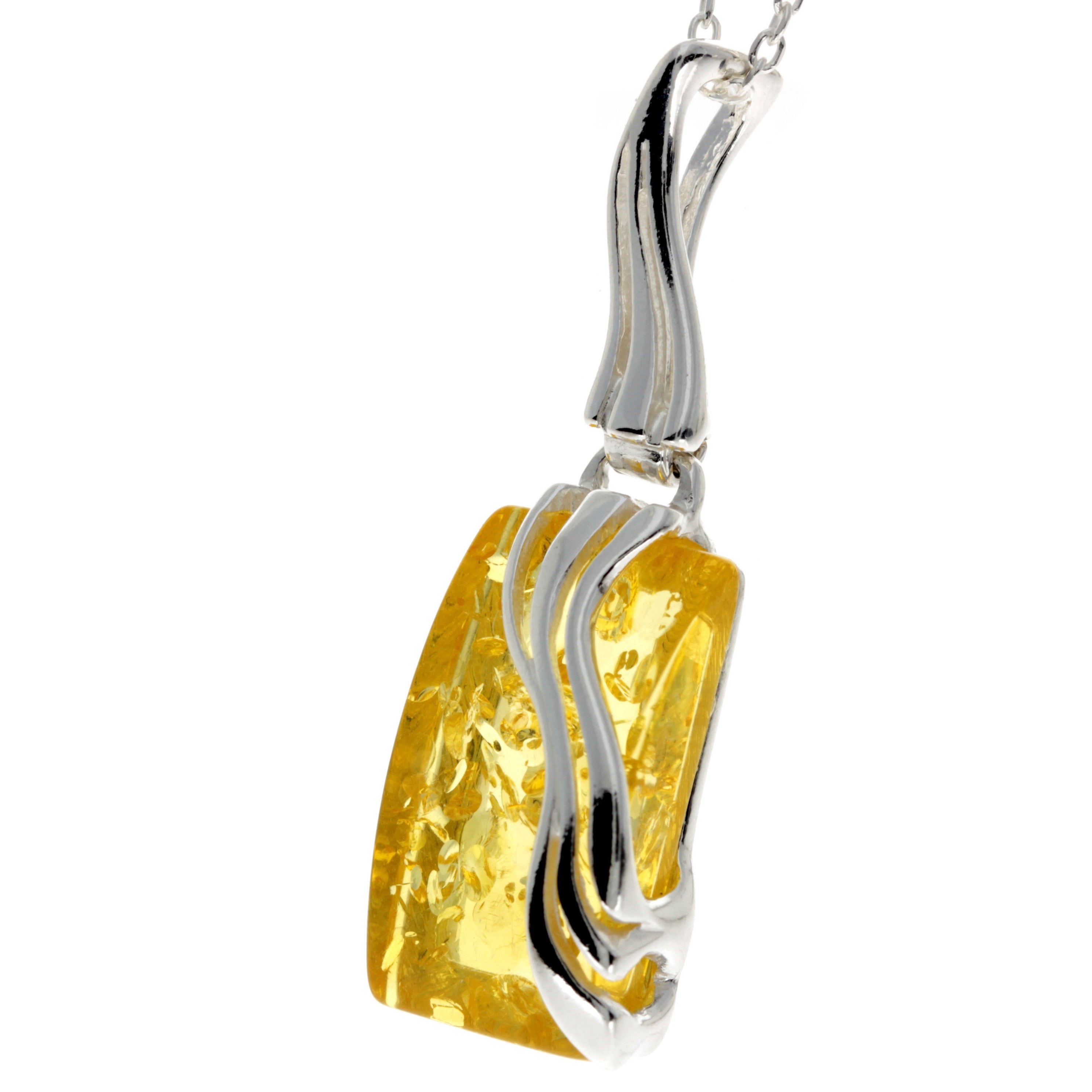 925 Sterling Silver & Genuine Baltic Amber Rectangular Modern Pendant - GL253B