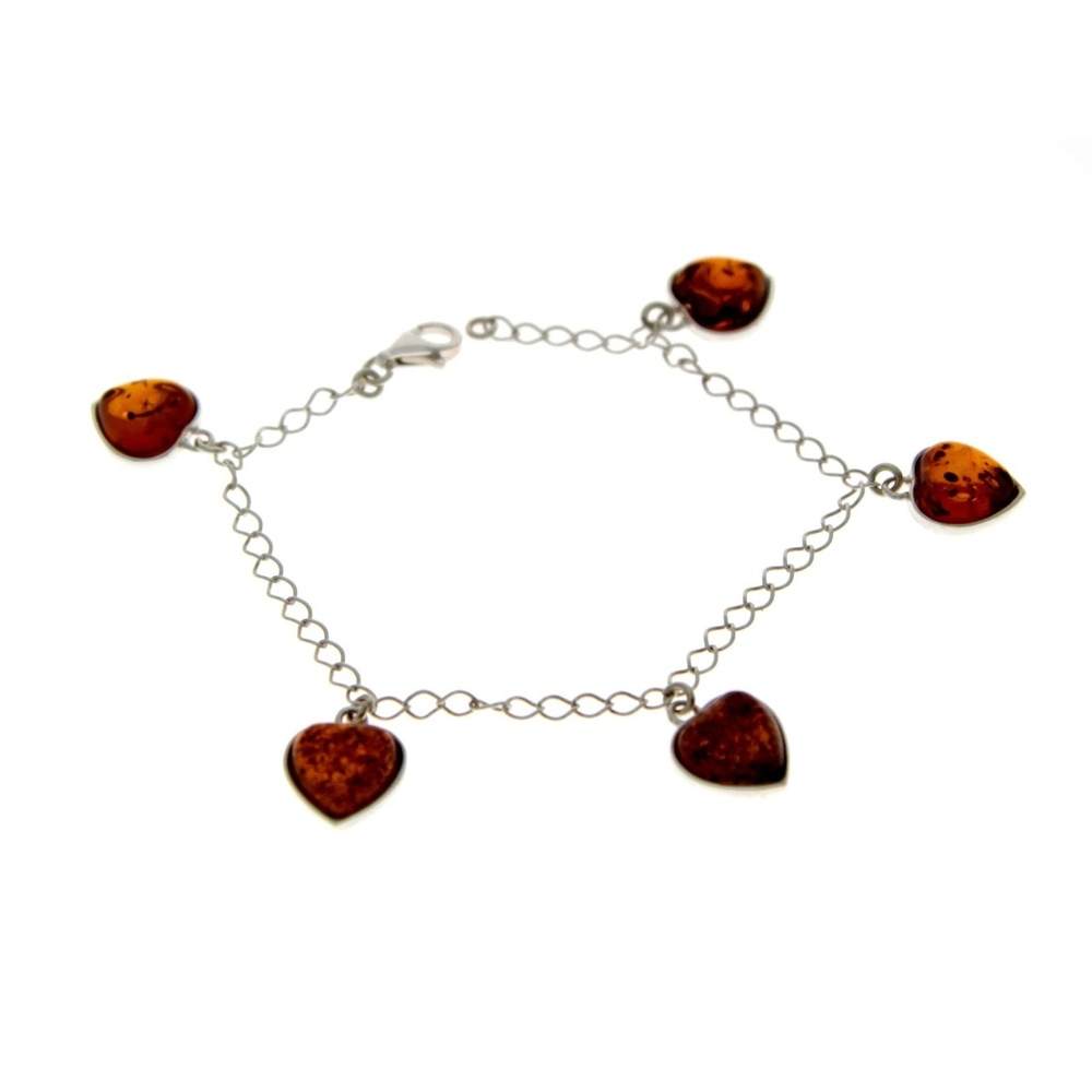 925 Sterling Silver & Baltic Amber Adjustable Hearts Link Bracelet - GL538