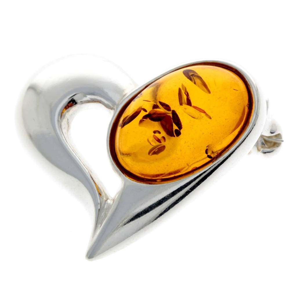 925 Sterling Silver & Baltic Amber Heart Brooch - GL816