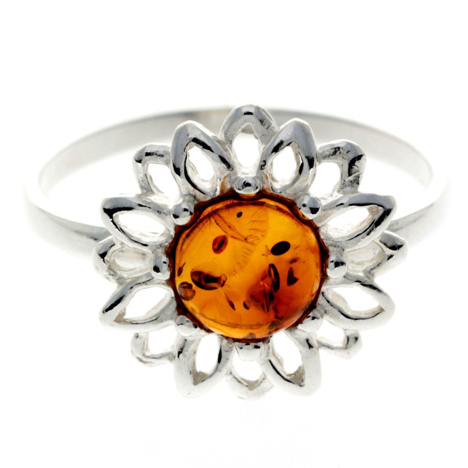 925 Sterling Silver & Baltic Amber Modern Sun Flower Designer Ring - GL734
