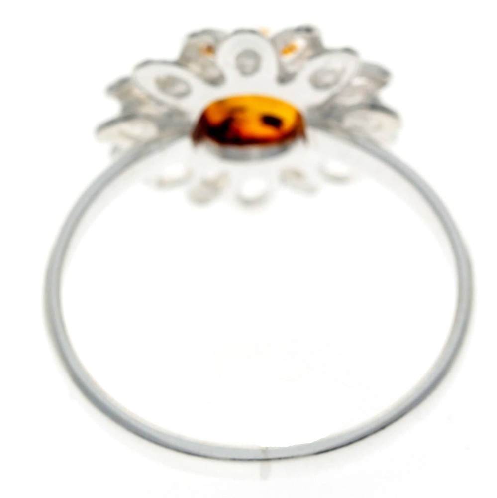 925 Sterling Silver & Baltic Amber Modern Sun Flower Designer Ring - GL734