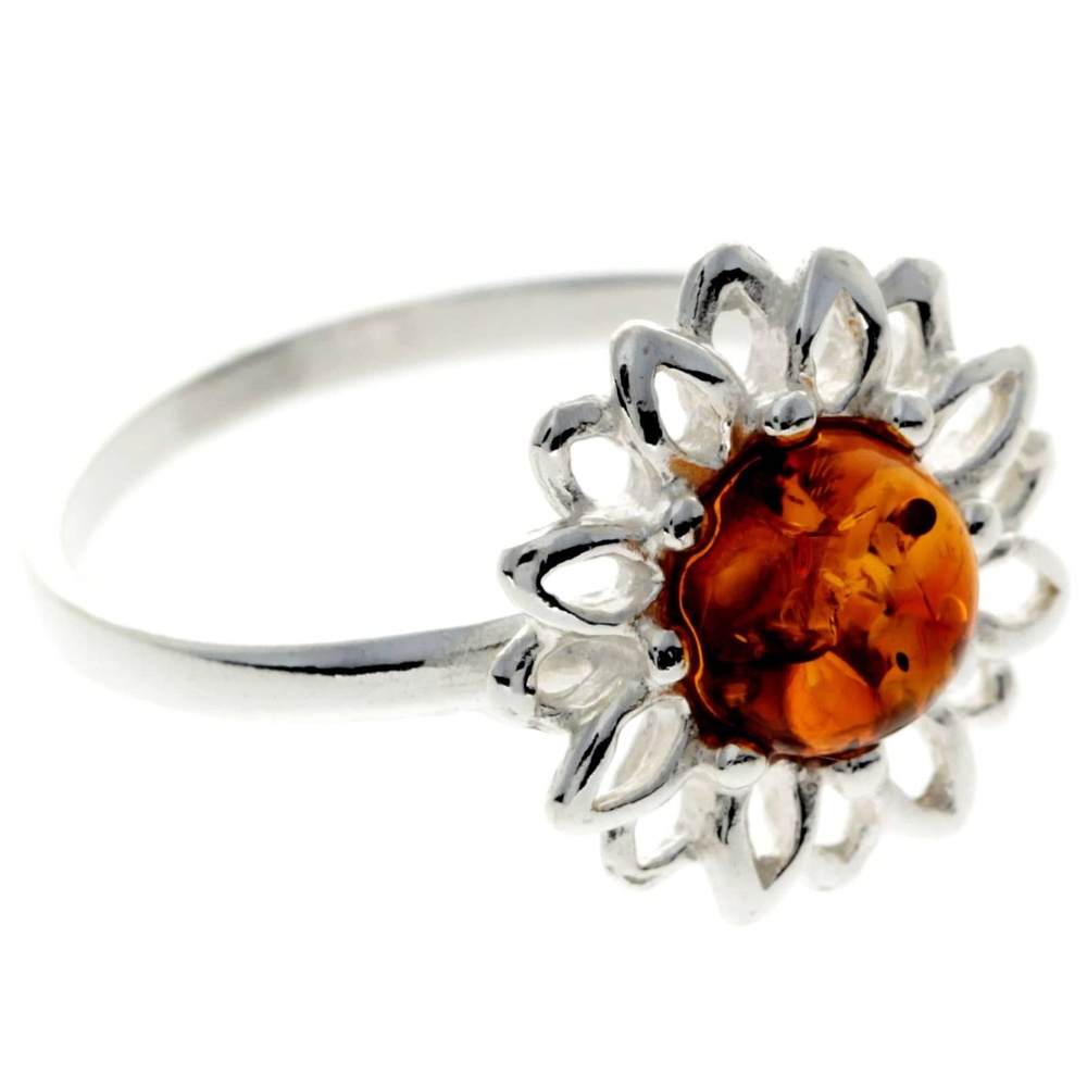 925 Sterling Silver & Baltic Amber Modern Sun Flower Designer Ring - GL734