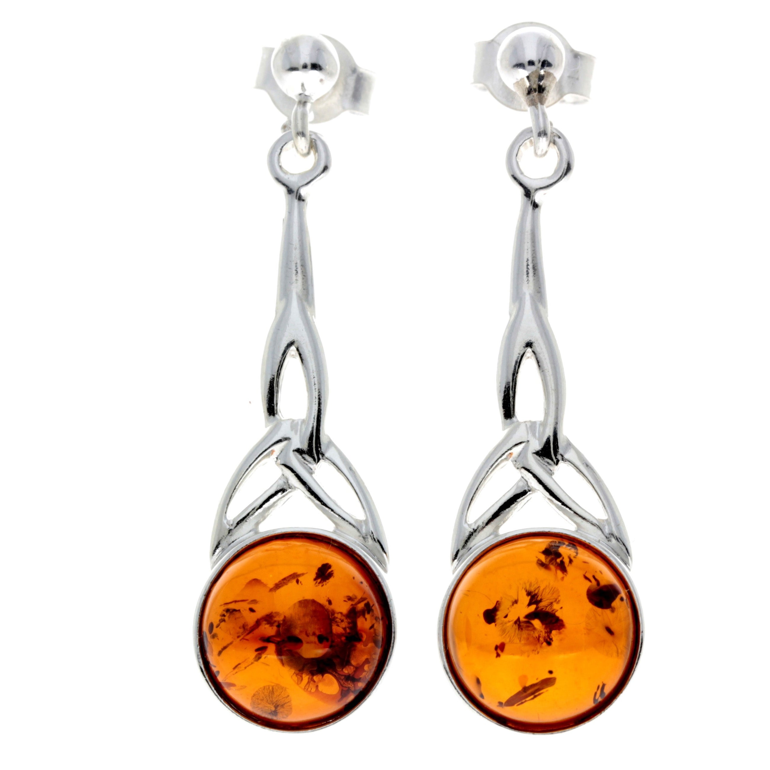 925 Sterling Silver & Genuine Baltic Amber Round Classic Drop Studs Celtic Earrings - 5447