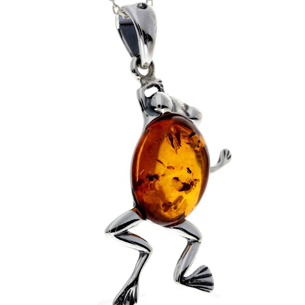 925 Sterling Silver & Baltic Amber Modern Frog Pendant - 1862V