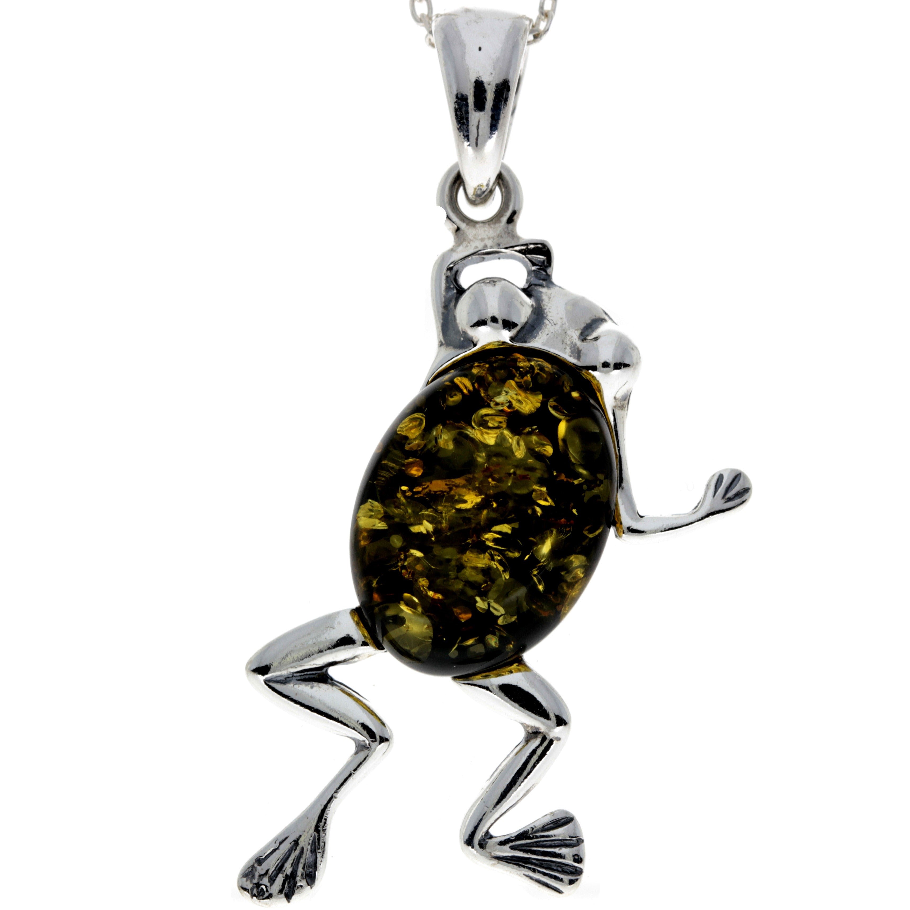 925 Sterling Silver & Baltic Amber Modern Frog Pendant - 1862V