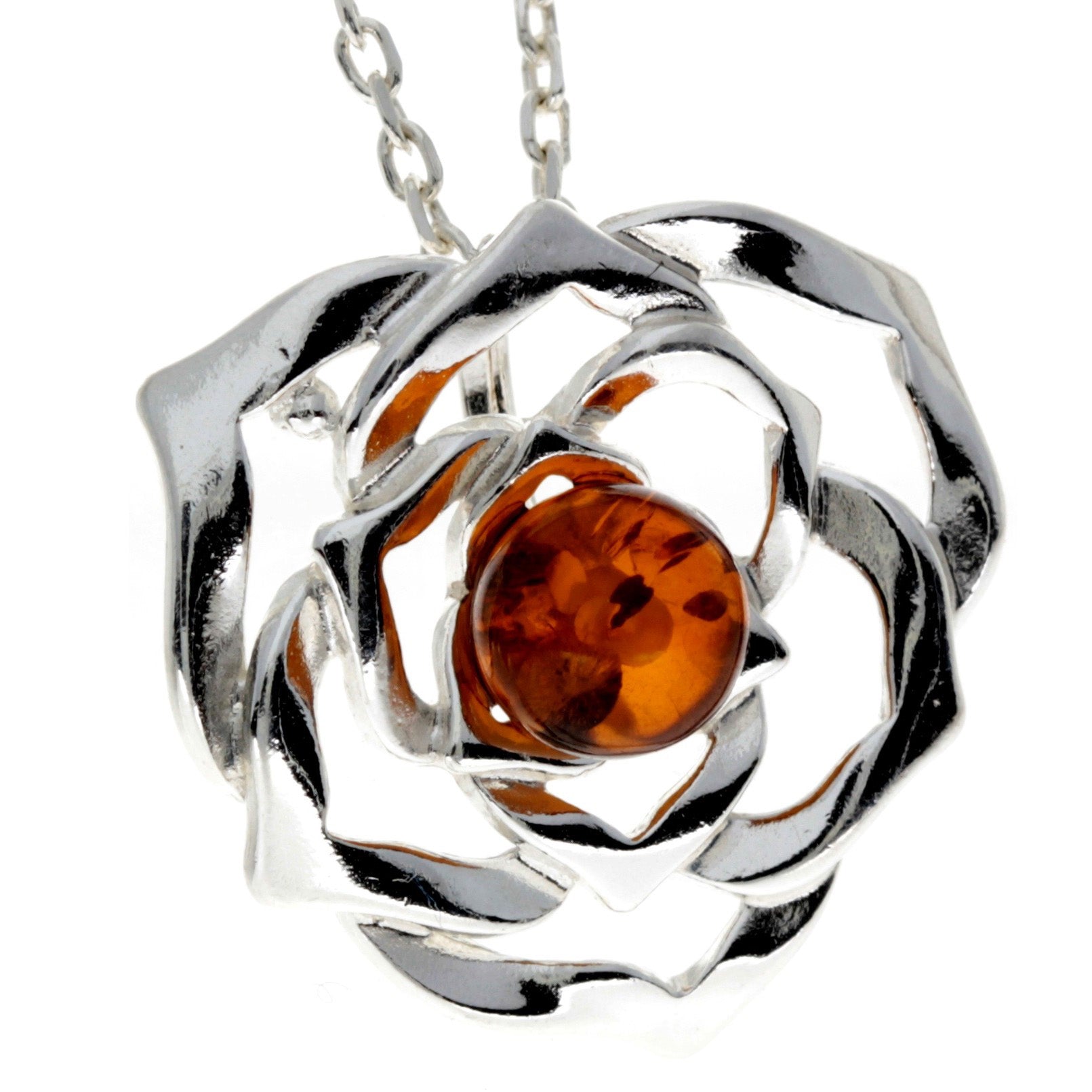 925 Sterling Silver & Baltic Amber Modern Designer Rose Pendant - 670