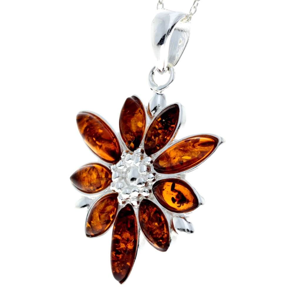 925 Sterling Silver & Baltic Amber Modern Designer Flower Pendant - 318C