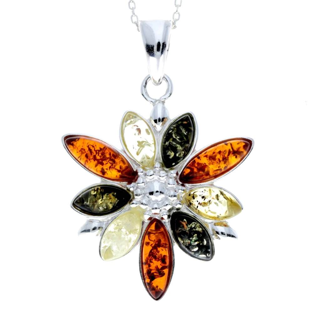 925 Sterling Silver & Baltic Amber Modern Designer Flower Pendant - 318C