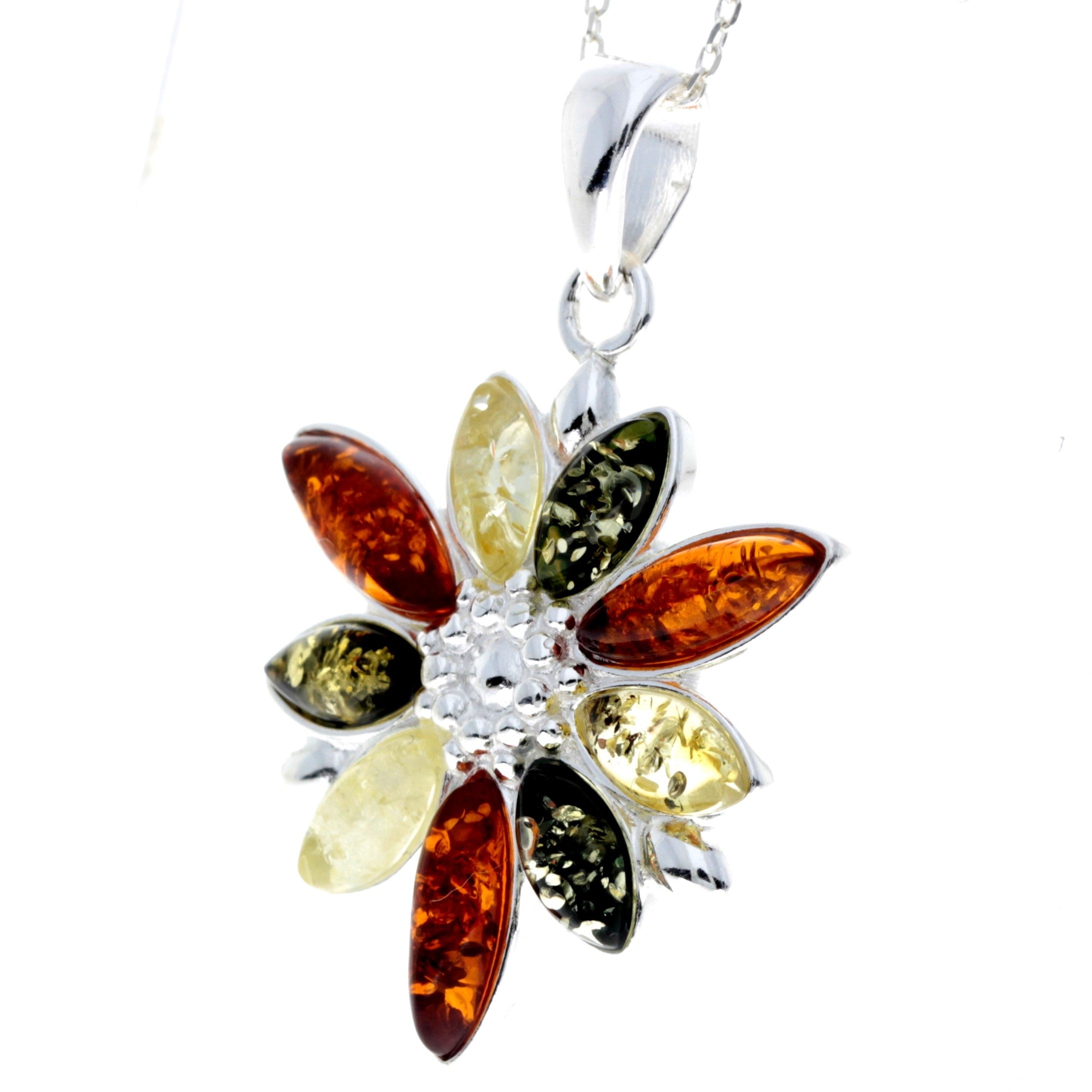925 Sterling Silver & Baltic Amber Modern Designer Flower Pendant - 318C