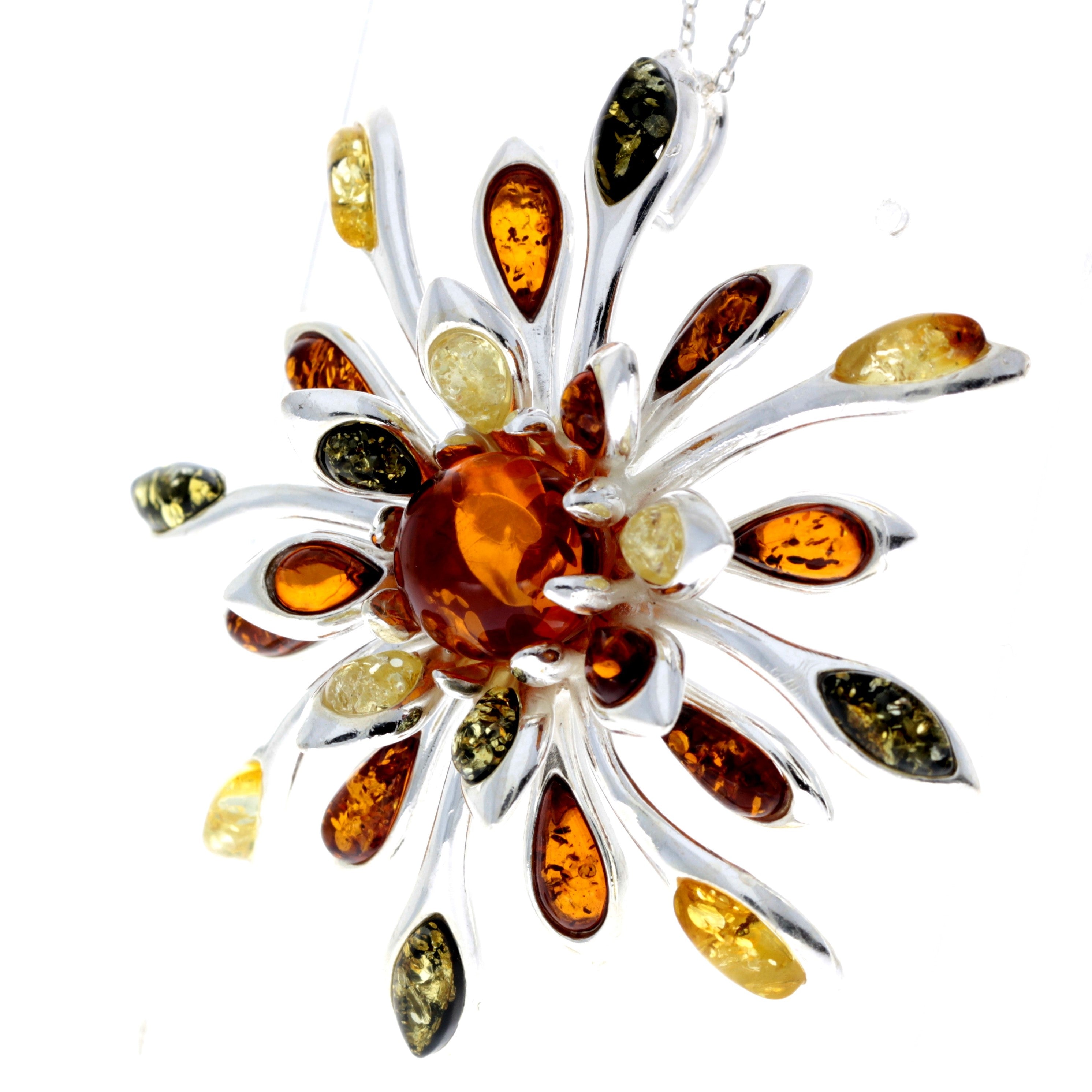925 Sterling Silver & Baltic Amber Modern Flower Pendant - 1834