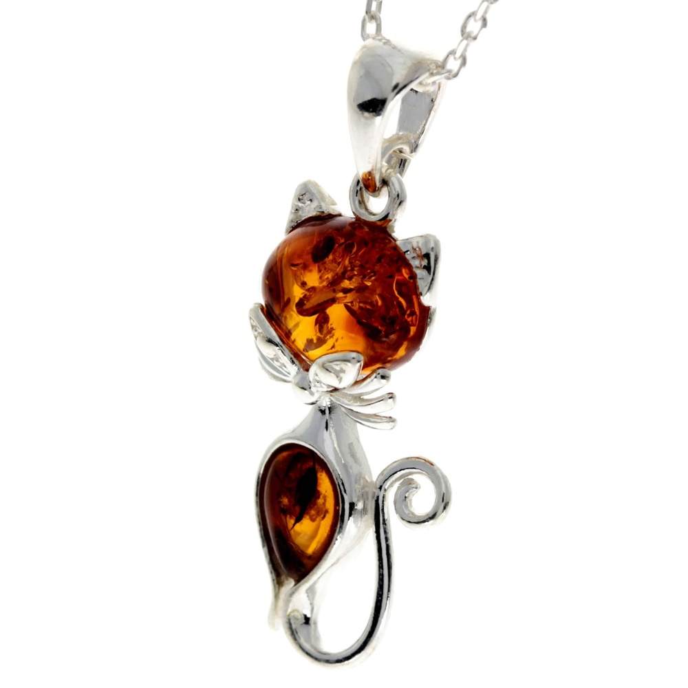 925 Sterling Silver & Baltic Amber Modern Cat Pendant - GL2011