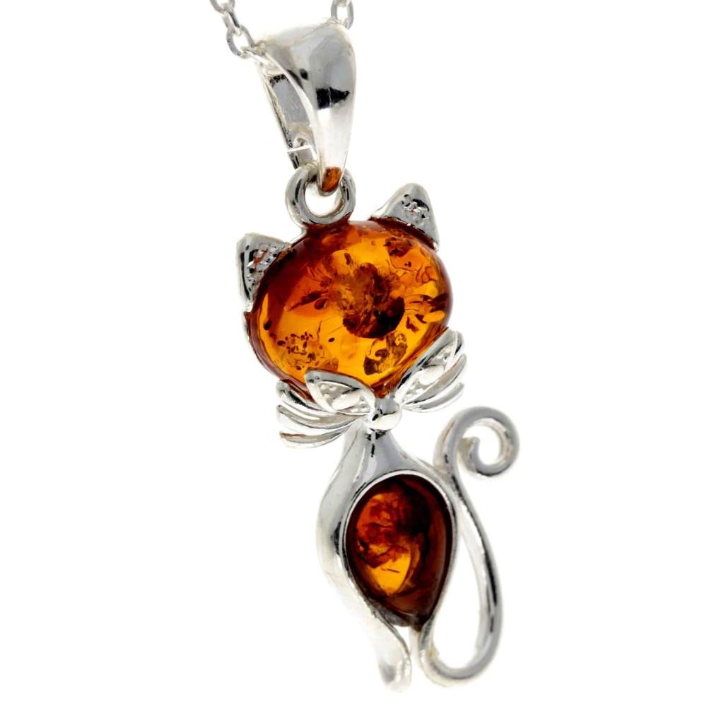 925 Sterling Silver & Baltic Amber Modern Cat Pendant - GL2011