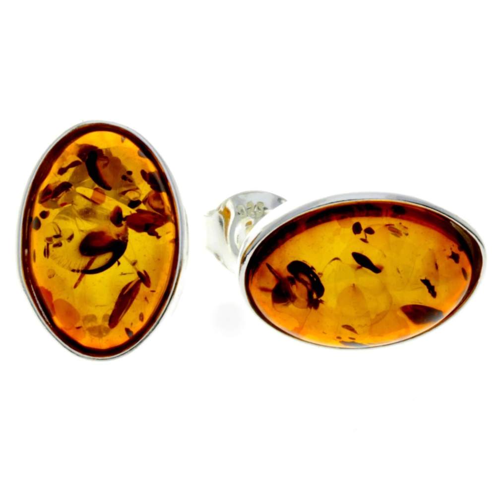 925 Sterling Silver & Oval Baltic Amber Large Classic Studs Earrings - M646