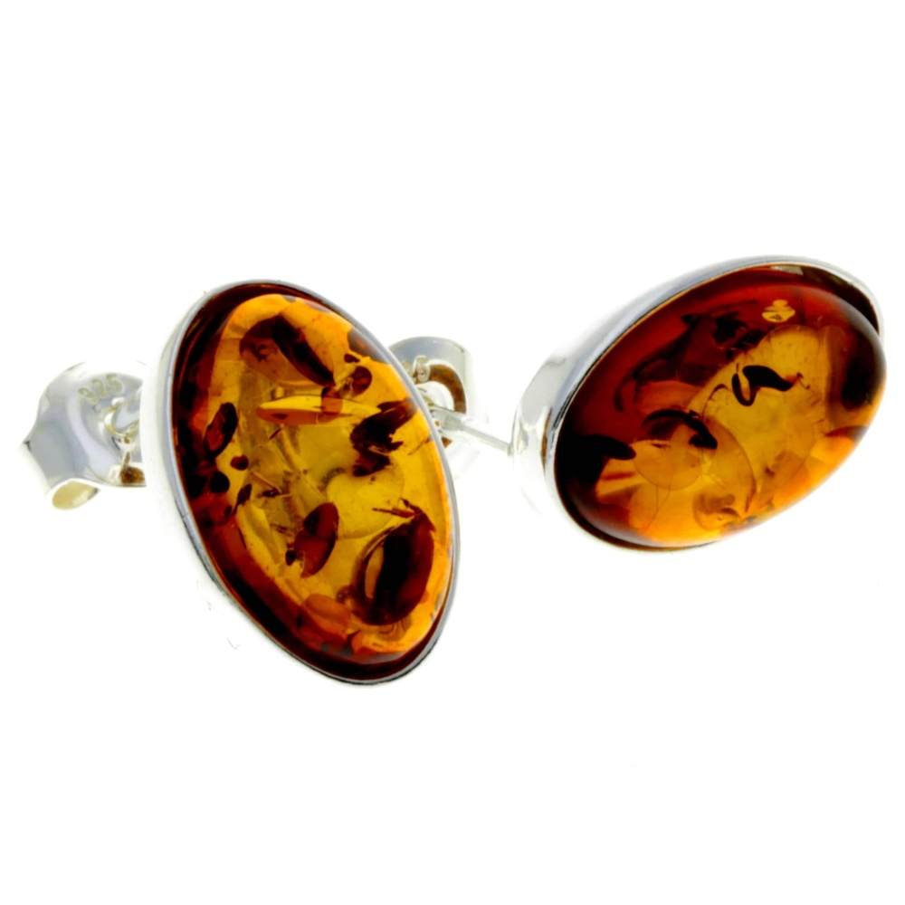 925 Sterling Silver & Oval Baltic Amber Large Classic Studs Earrings - M646