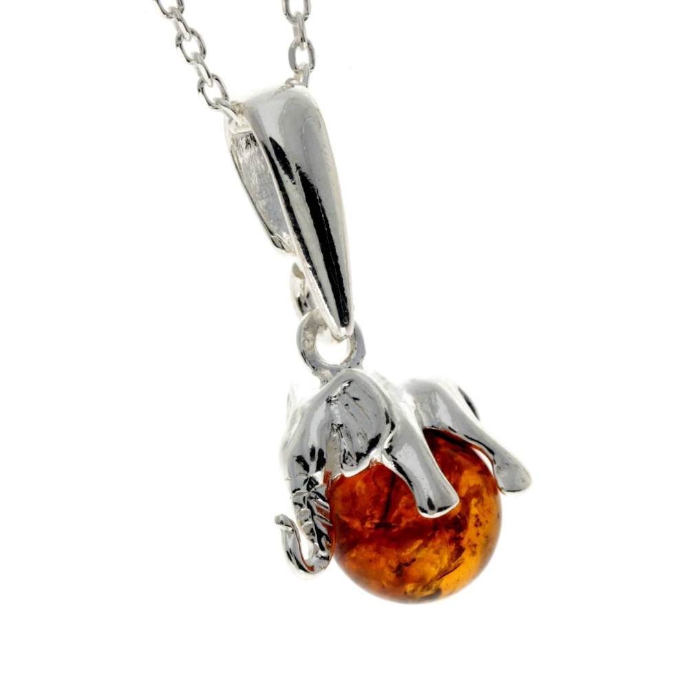 925 Sterling Silver Lucky Elephant sitting on Amber Ball - GL354