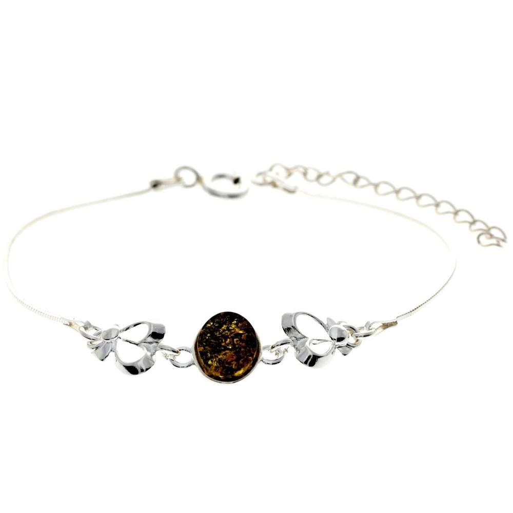 925 Sterling Silver & Baltic Amber Adjustable Bracelet with Silver Hearts - M559