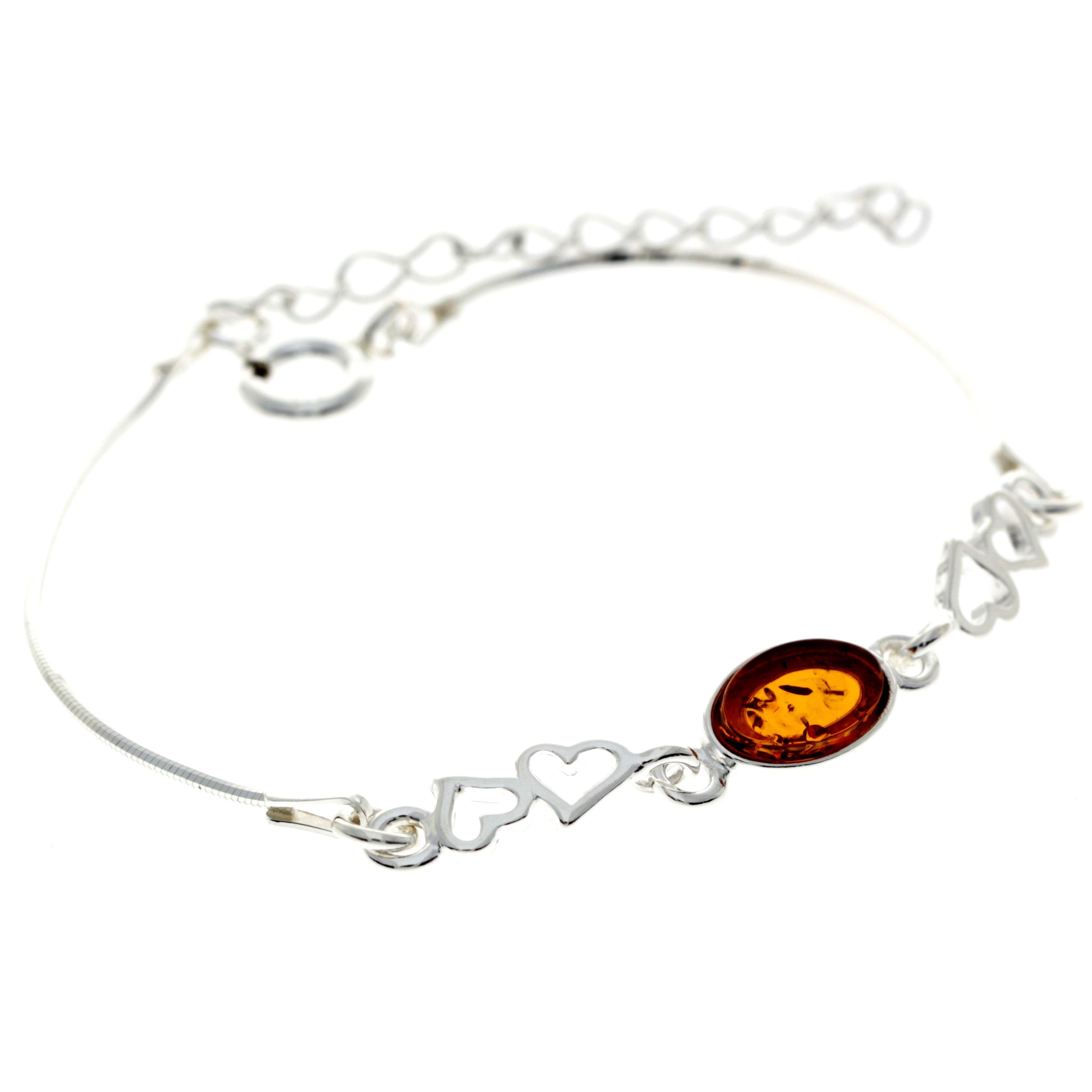 925 Sterling Silver & Baltic Amber Adjustable Bracelet with Silver Hearts - M560