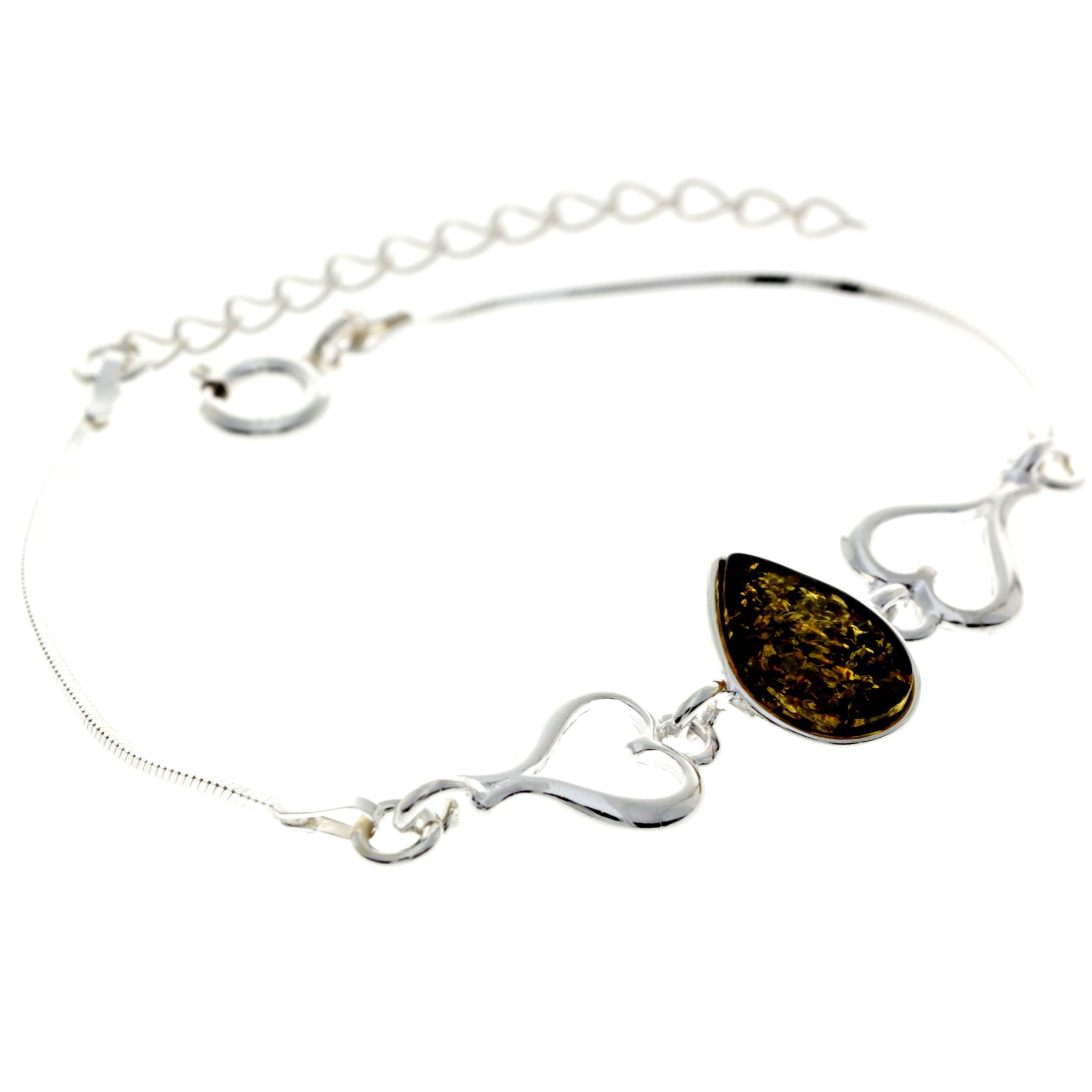 925 Sterling Silver & Baltic Amber Adjustable Bracelet with Silver Hearts - M567
