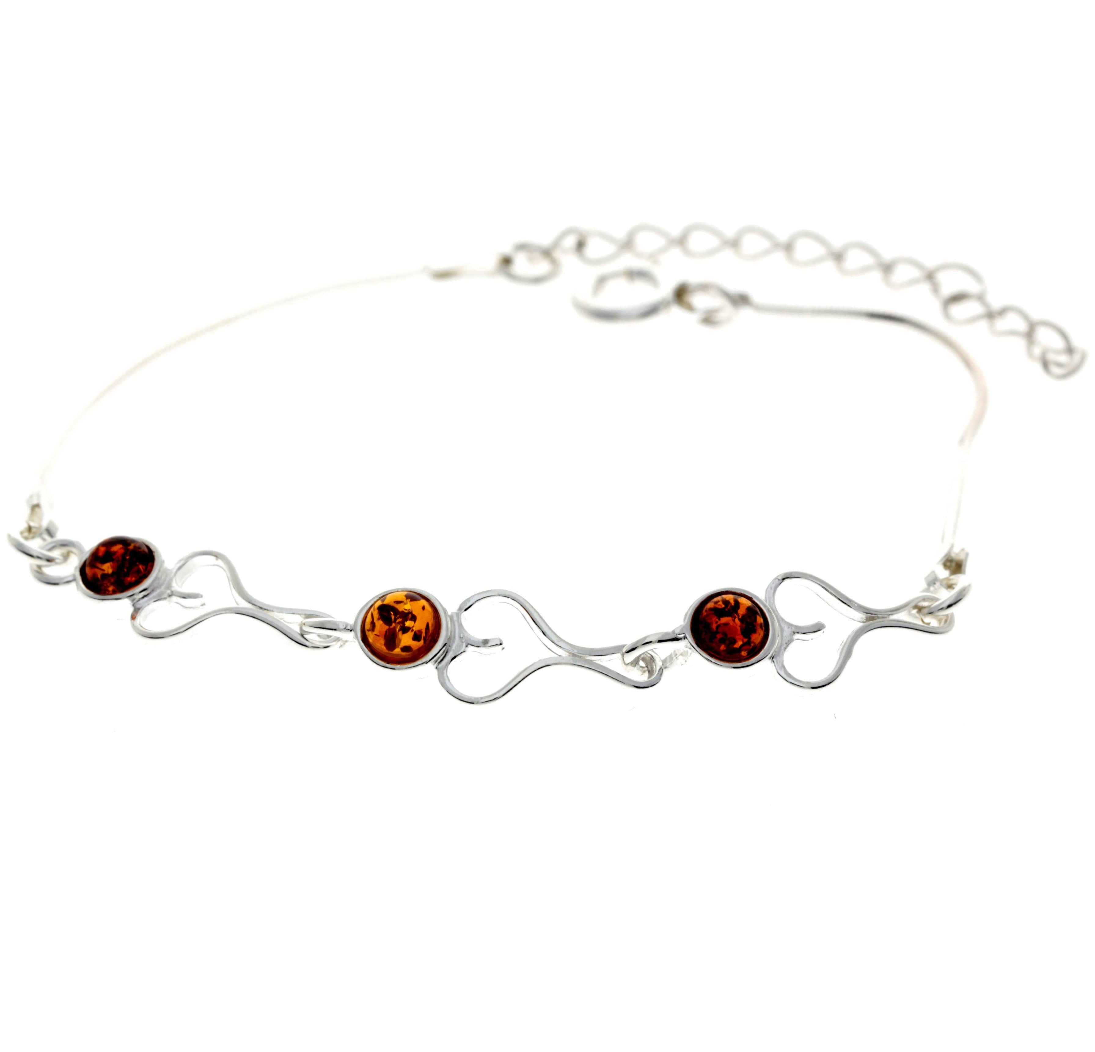 925 Sterling Silver & Baltic Amber Adjustable Bracelet with Silver Hearts - M569