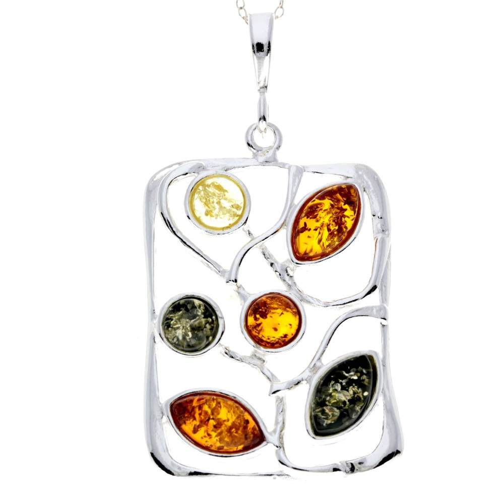 925 Sterling Silver & Genuine Baltic Amber 6 Stones Large Modern Pendant - M372