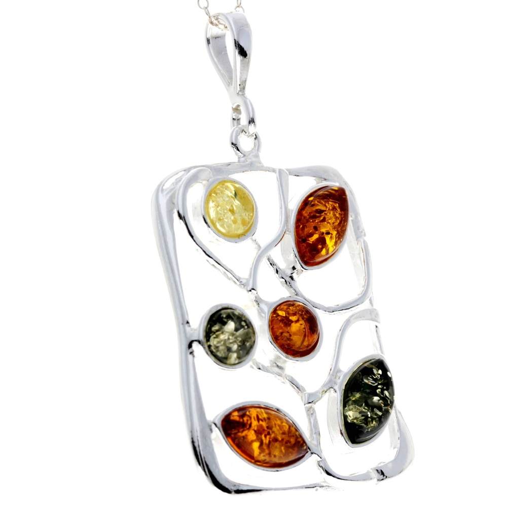 925 Sterling Silver & Genuine Baltic Amber 6 Stones Large Modern Pendant - M372