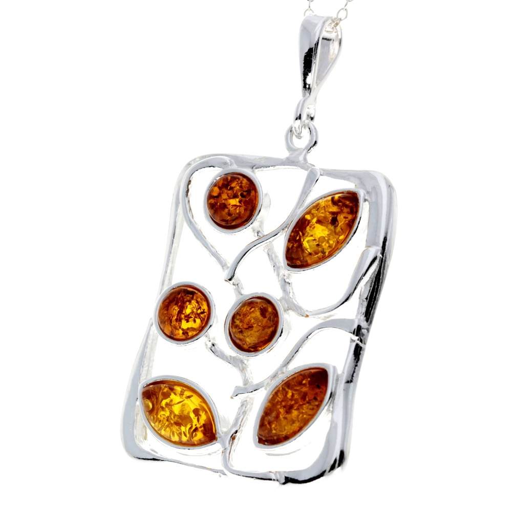 925 Sterling Silver & Genuine Baltic Amber 6 Stones Large Modern Pendant - M372