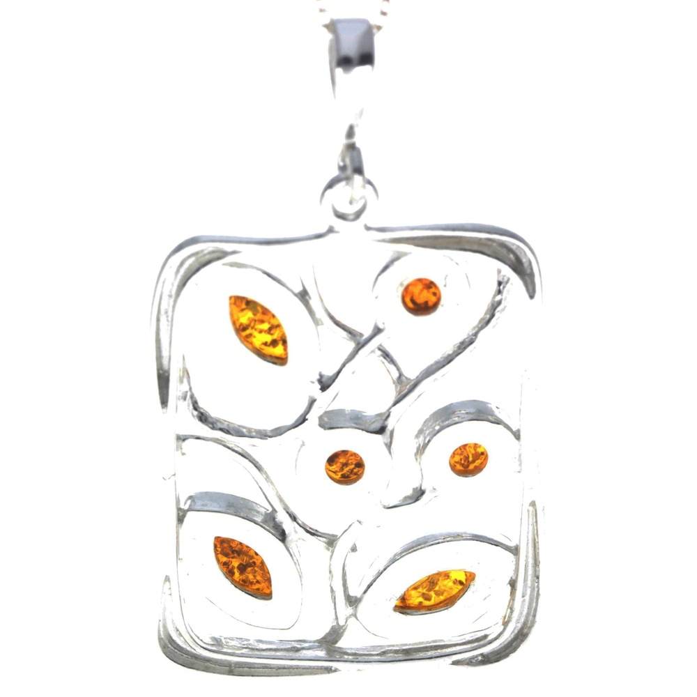 925 Sterling Silver & Genuine Baltic Amber 6 Stones Large Modern Pendant - M372