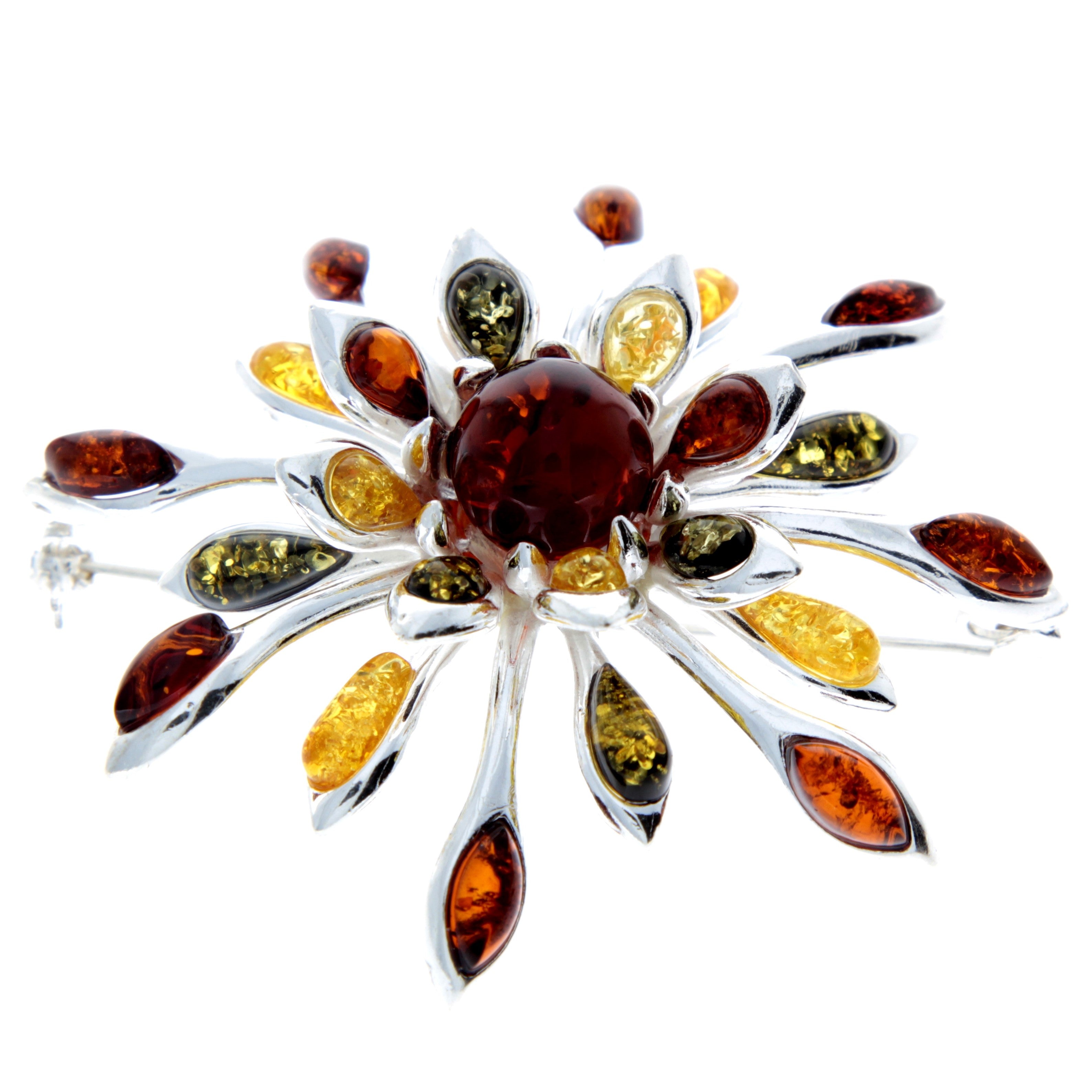 925 Sterling Silver & Baltic Amber Exclusive Large Flower Brooch - 4056
